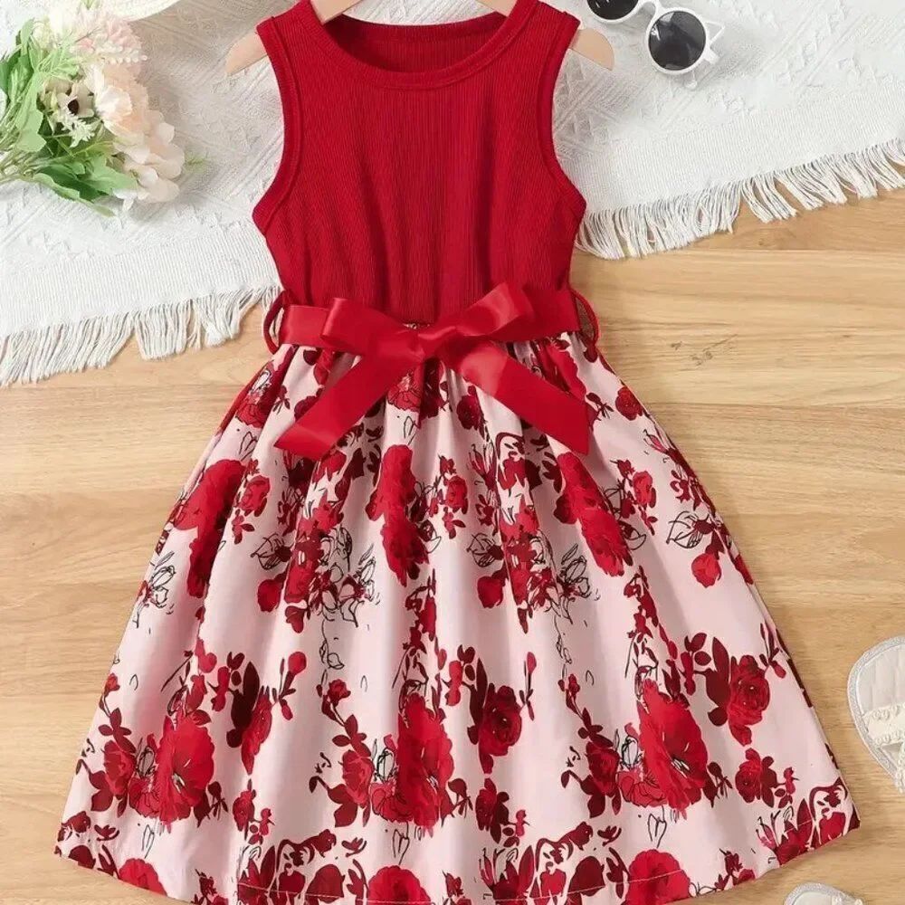 4-5Y Girls Flower Graphic Sleeveless Dress With Bow Belt Spring/Summer